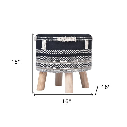 16" Black And White Cotton And Natural Round Chevron Ottoman