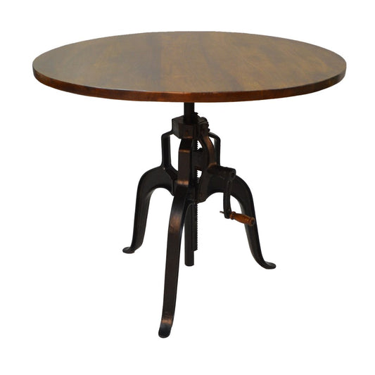 Adjustable Height Brown And Black Solid Wood And Iron Pedestal Base Round Top Dining Table HomeRoots