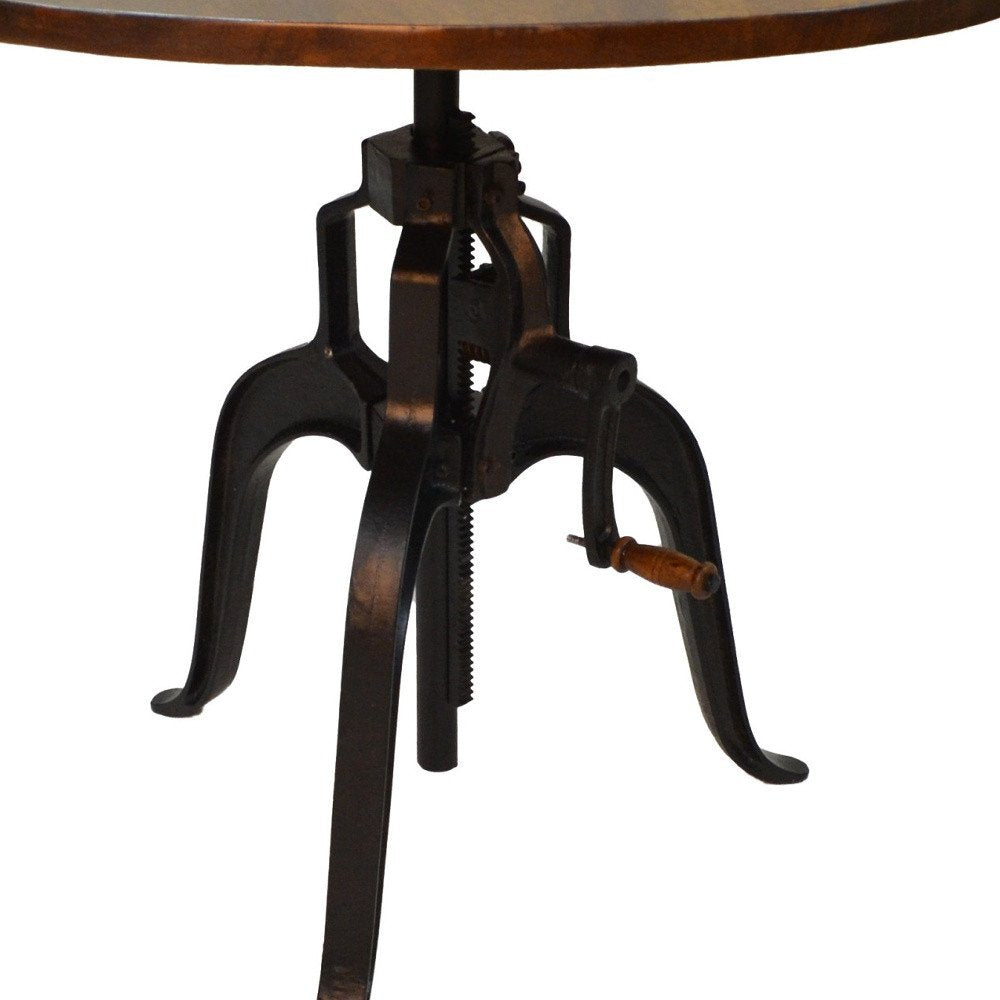 Adjustable Height Brown And Black Solid Wood And Iron Pedestal Base Round Top Dining Table HomeRoots