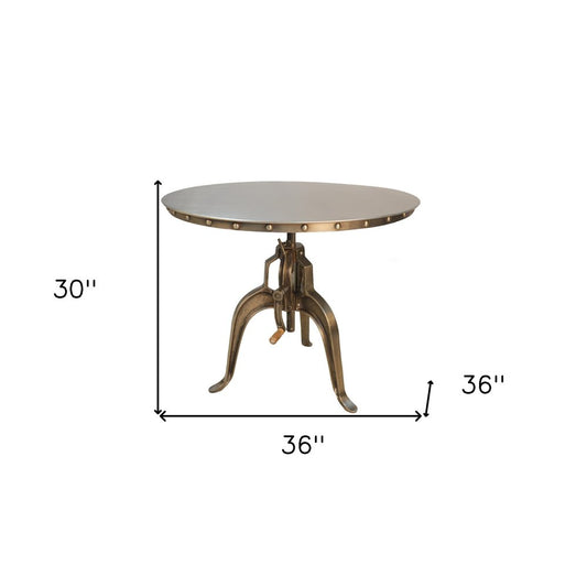Adjustable Height Antiqued Nickel Three Leg Base Round Top Dining Table HomeRoots