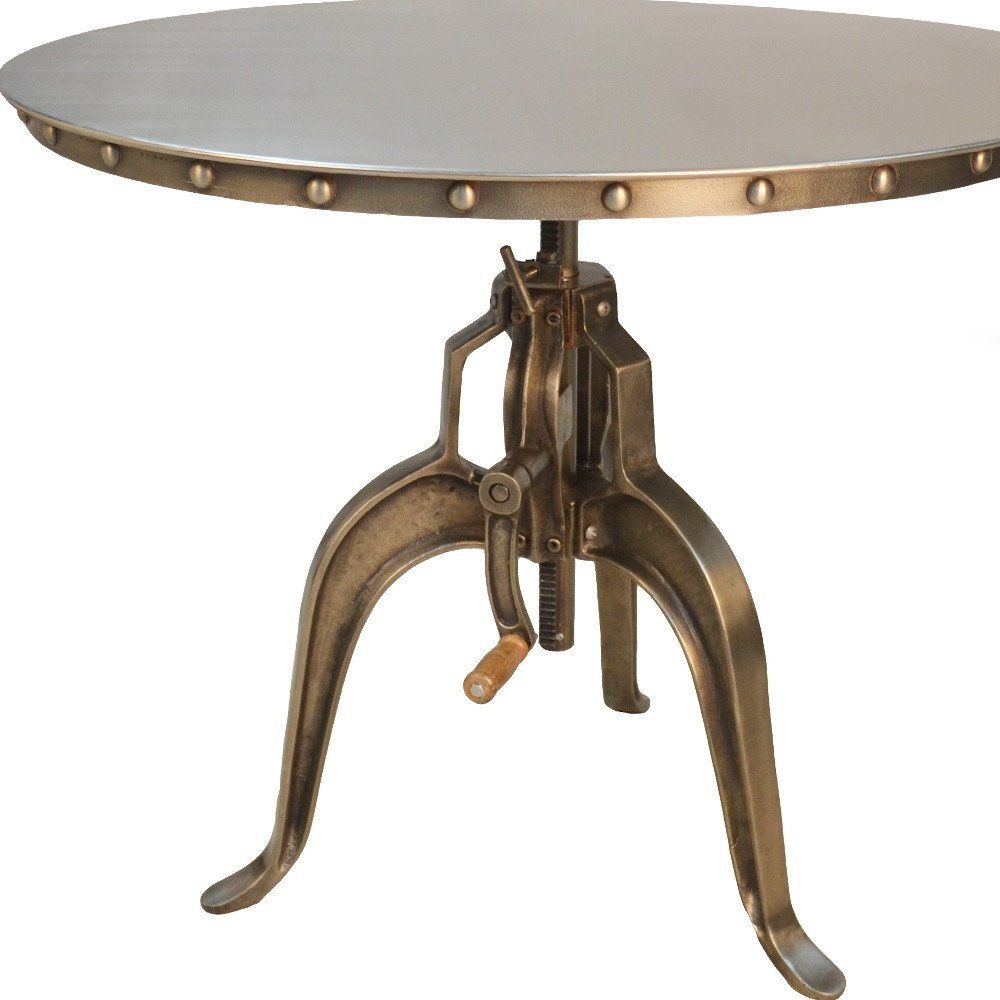 Adjustable Height Antiqued Nickel Three Leg Base Round Top Dining Table HomeRoots