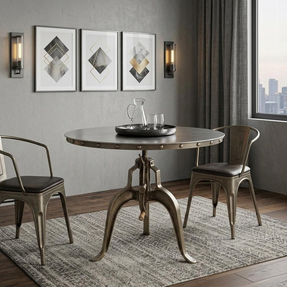 Adjustable Height Antiqued Nickel Three Leg Base Round Top Dining Table HomeRoots