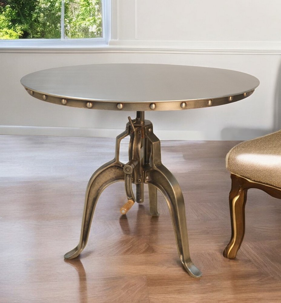 Adjustable Height Antiqued Nickel Three Leg Base Round Top Dining Table HomeRoots