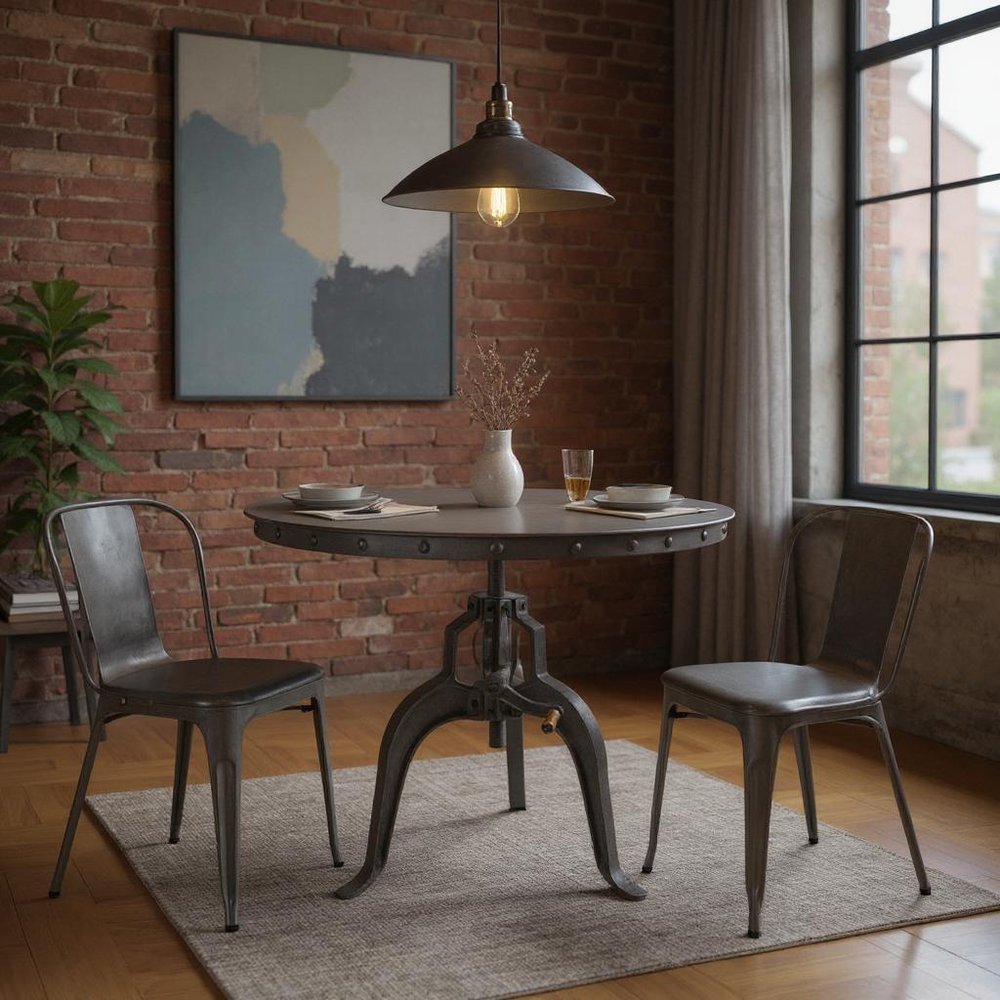 36" Industrial Gray Adjustable Crank Round Top Dining Table. HomeRoots