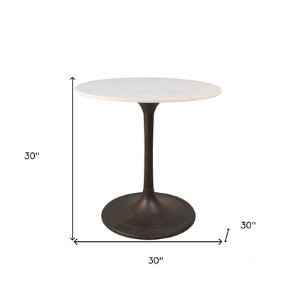 30" White And Black Rounded Marble And Iron Pedestal Base Dining Table