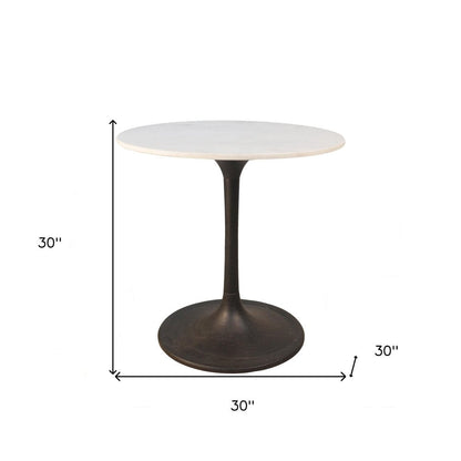 30" White And Black Rounded Marble And Iron Pedestal Base Dining Table HomeRoots