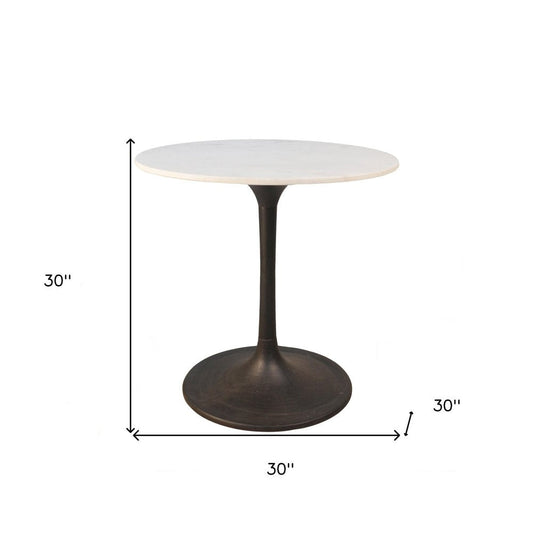 30" White And Black Rounded Marble And Iron Pedestal Base Dining Table HomeRoots