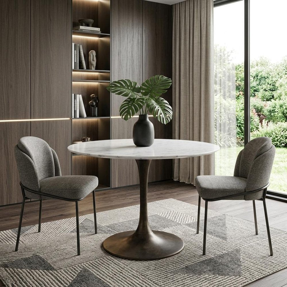 30" White And Black Rounded Marble And Iron Pedestal Base Dining Table HomeRoots
