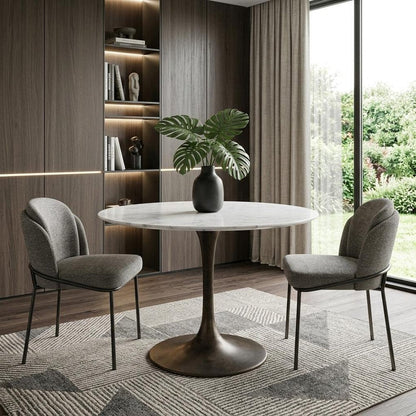 30" White And Black Rounded Marble And Iron Pedestal Base Dining Table HomeRoots
