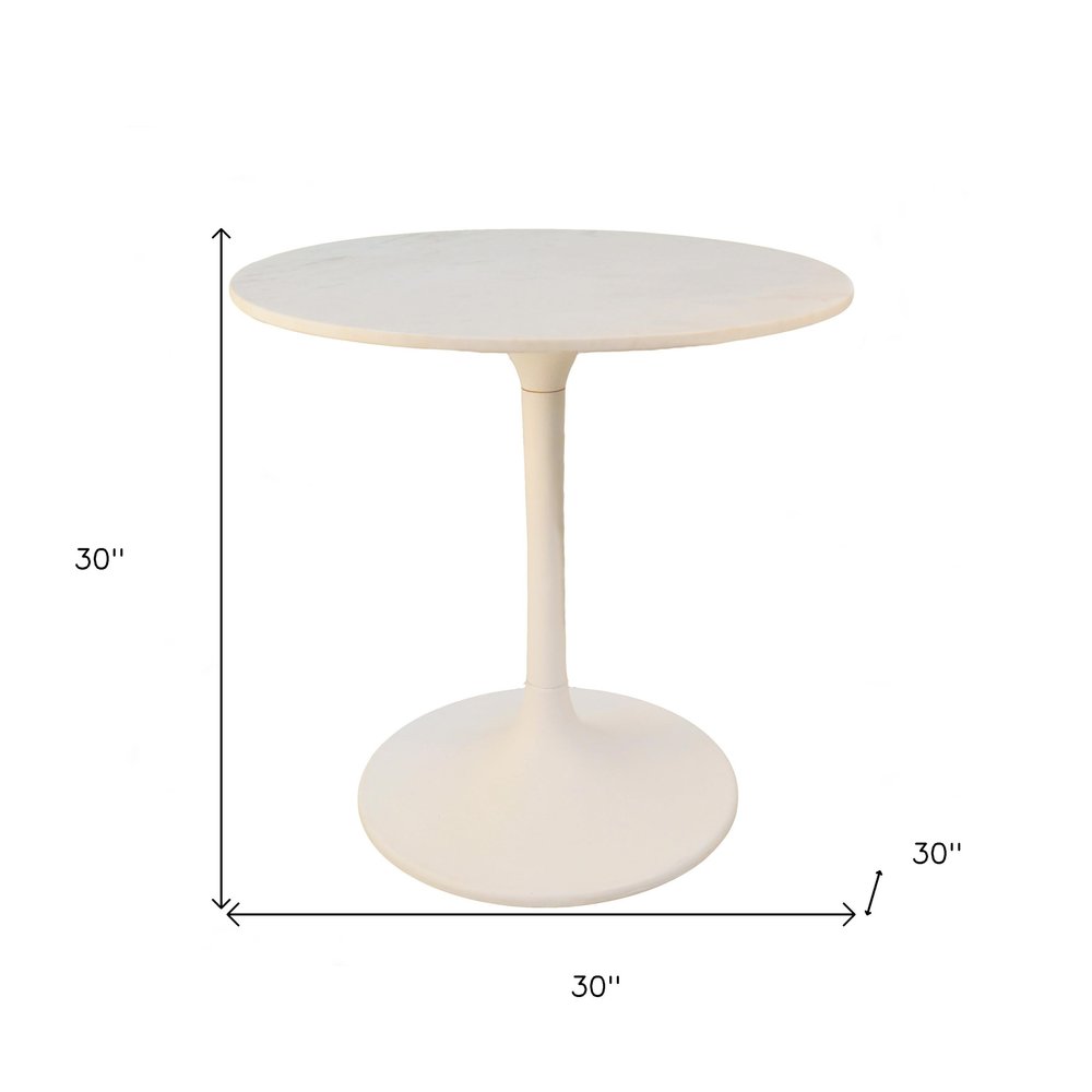 30" White Rounded Marble And Iron Pedestal Base Dining Table HomeRoots