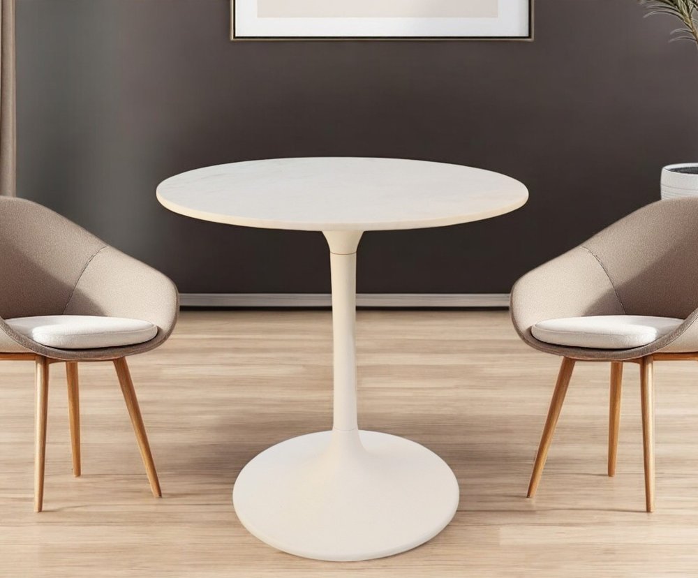 30" White Rounded Marble And Iron Pedestal Base Dining Table HomeRoots