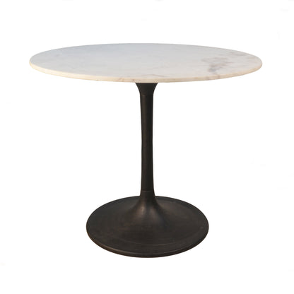 36" White And Black Rounded Marble And Iron Pedestal Base Dining Table