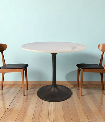 36" White And Black Rounded Marble And Iron Pedestal Base Dining Table