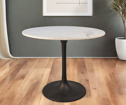 36" White And Black Rounded Marble And Iron Pedestal Base Dining Table HomeRoots