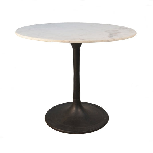 36" White And Black Rounded Marble And Iron Pedestal Base Dining Table HomeRoots