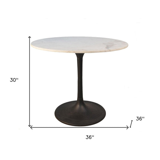 36" White And Black Rounded Marble And Iron Pedestal Base Dining Table HomeRoots