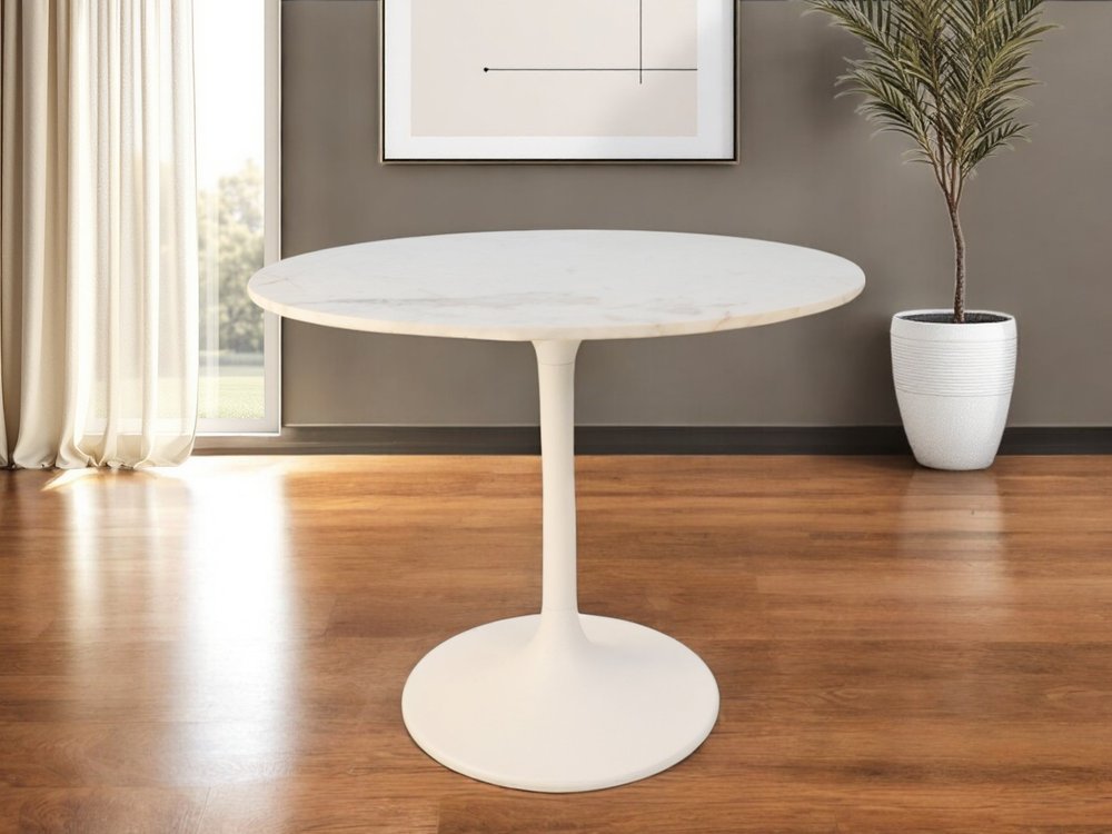 36" White Rounded Marble And Iron Pedestal Base Dining Table HomeRoots