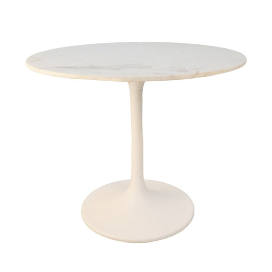 36" White Rounded Marble And Iron Pedestal Base Dining Table HomeRoots