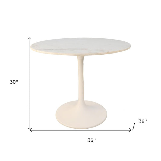 36" White Rounded Marble And Iron Pedestal Base Dining Table HomeRoots