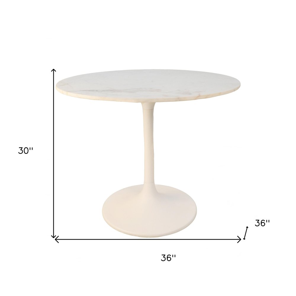 36" White Rounded Marble And Iron Pedestal Base Dining Table HomeRoots