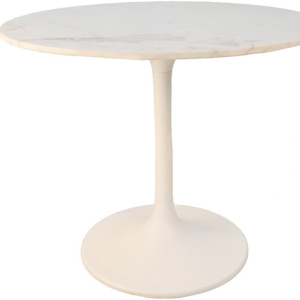 36" White Rounded Marble And Iron Pedestal Base Dining Table HomeRoots