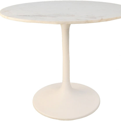36" White Rounded Marble And Iron Pedestal Base Dining Table HomeRoots
