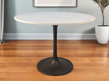 40" White And Black Rounded Marble And Iron Pedestal Base Dining Table HomeRoots