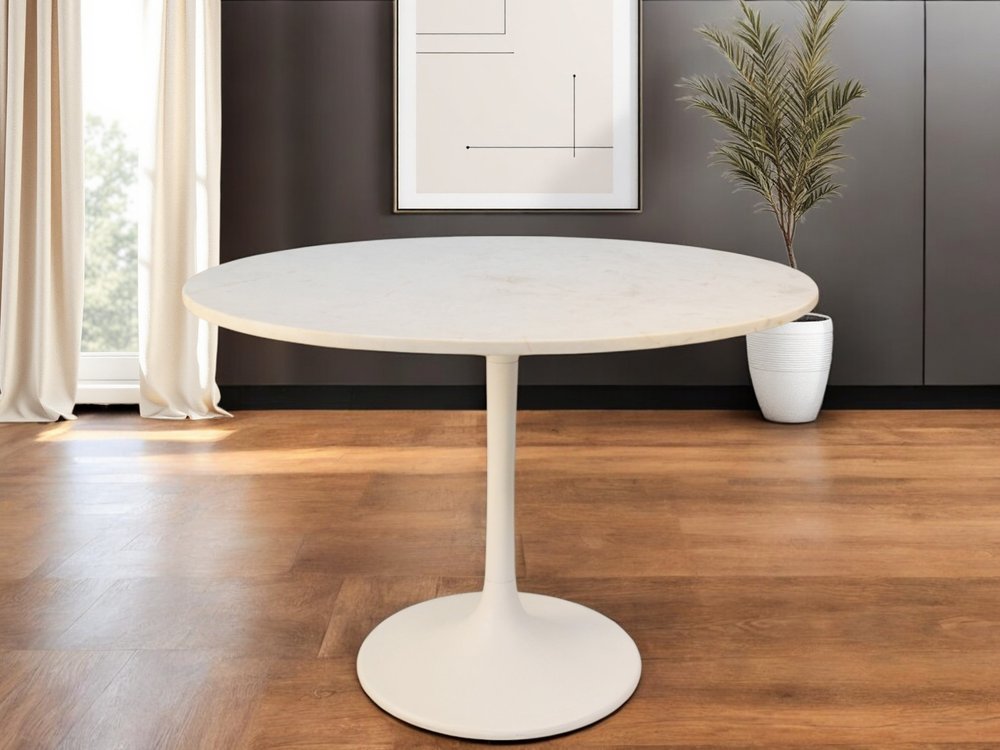 40" White Rounded Marble And Iron Pedestal Base Dining Table HomeRoots