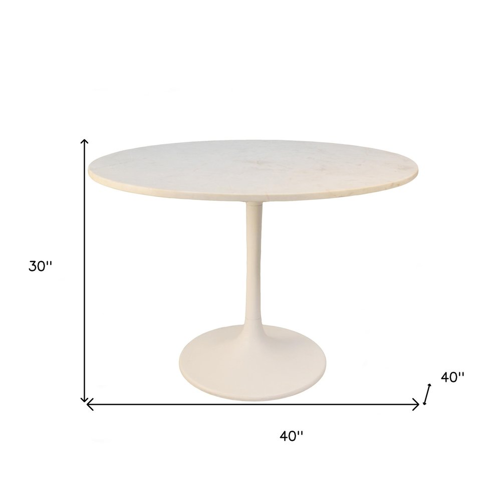 40" White Rounded Marble And Iron Pedestal Base Dining Table HomeRoots
