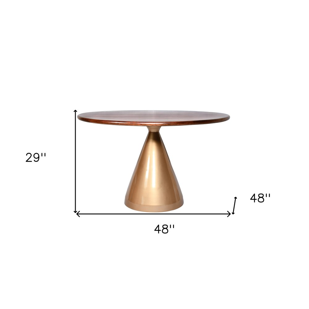 48" Walnut And Rose Gold Solid Wood And Iron Pedestal Base Round Top Dining Table HomeRoots