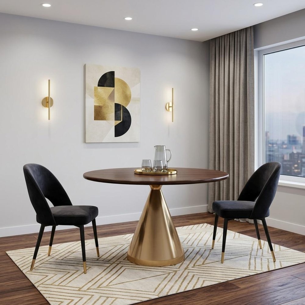 48" Brown And Gold Rounded Solid Wood And Iron Pedestal Base Dining Table HomeRoots