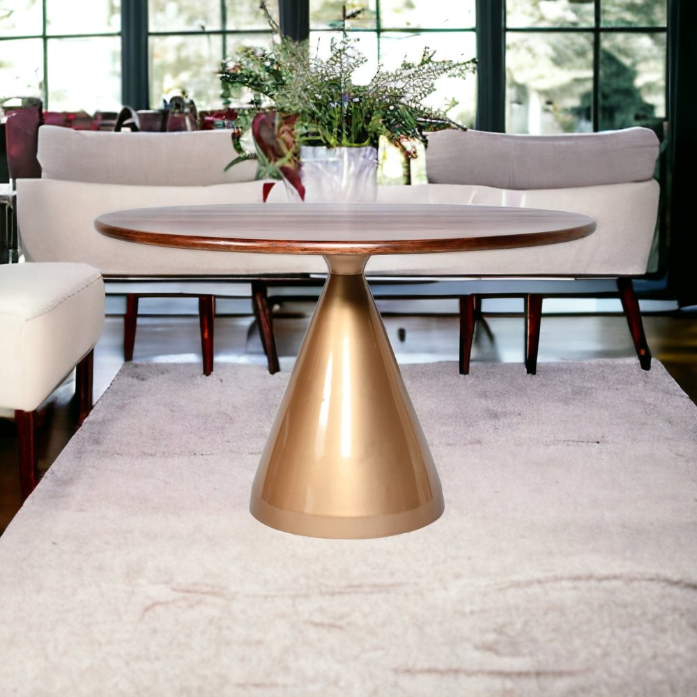 48" Brown And Gold Rounded Solid Wood And Iron Pedestal Base Dining Table HomeRoots