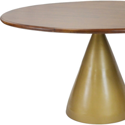 48" Brown And Gold Rounded Solid Wood And Iron Pedestal Base Dining Table HomeRoots