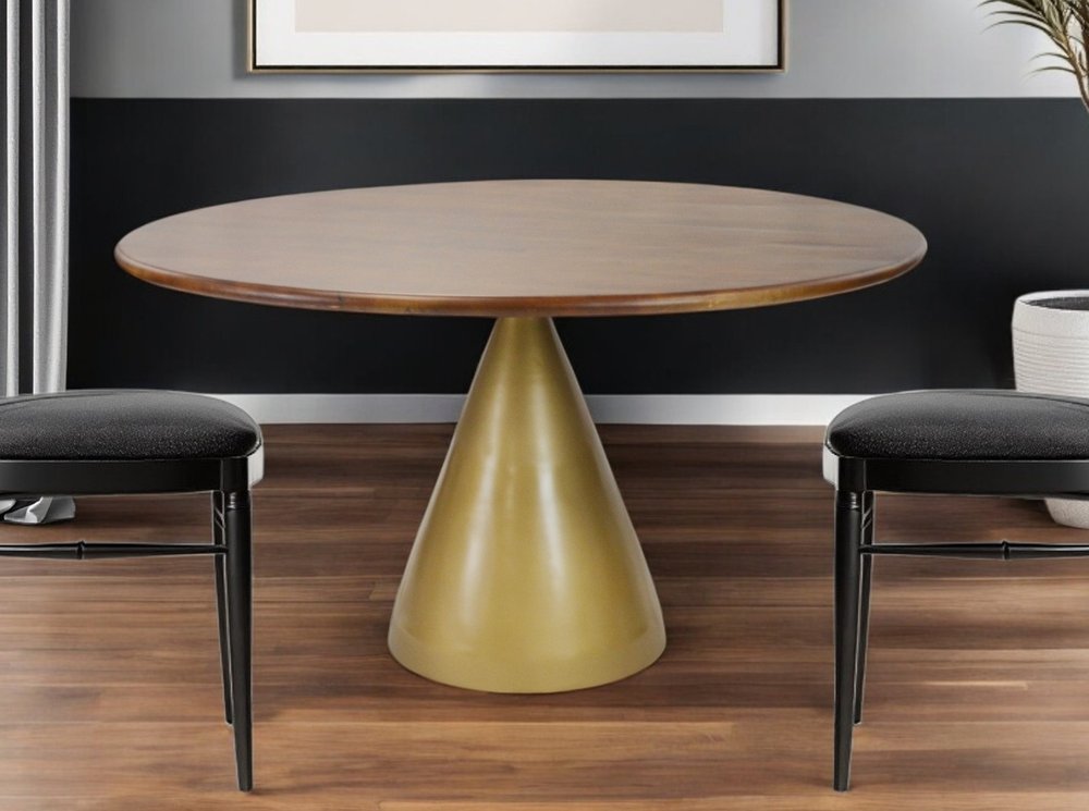 48" Brown And Gold Rounded Solid Wood And Iron Pedestal Base Dining Table HomeRoots