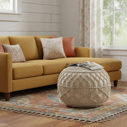 20" Cream Cotton Tufted Round Geometric Pouf Ottoman HomeRoots
