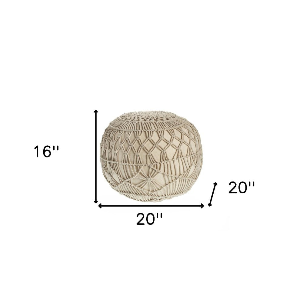 20" Cream Cotton Tufted Round Geometric Pouf Ottoman HomeRoots