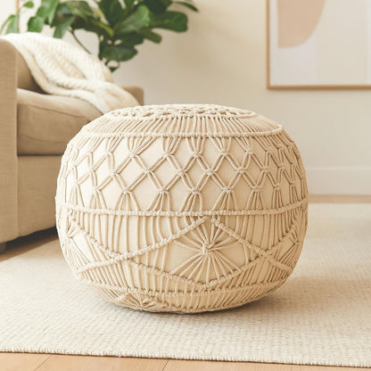 20" Cream Cotton Tufted Round Geometric Pouf Ottoman HomeRoots