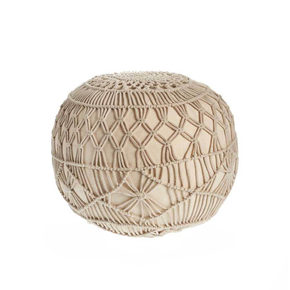 20" Cream Cotton Tufted Round Geometric Pouf Ottoman HomeRoots