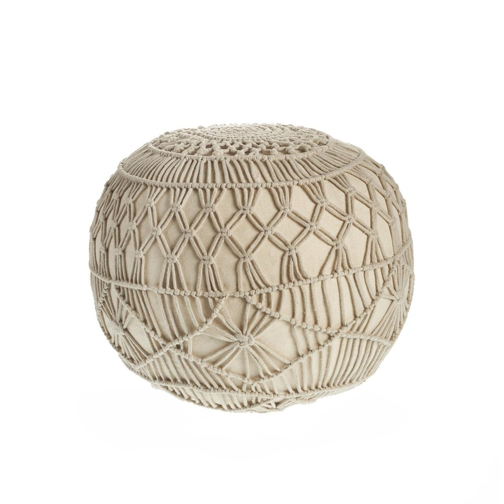20" Cream Cotton Tufted Round Geometric Pouf Ottoman HomeRoots