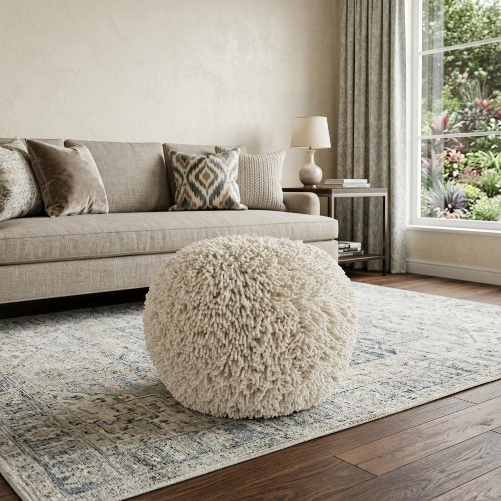 20" Cream Cotton Tufted Geometric Round Pouf Ottoman HomeRoots