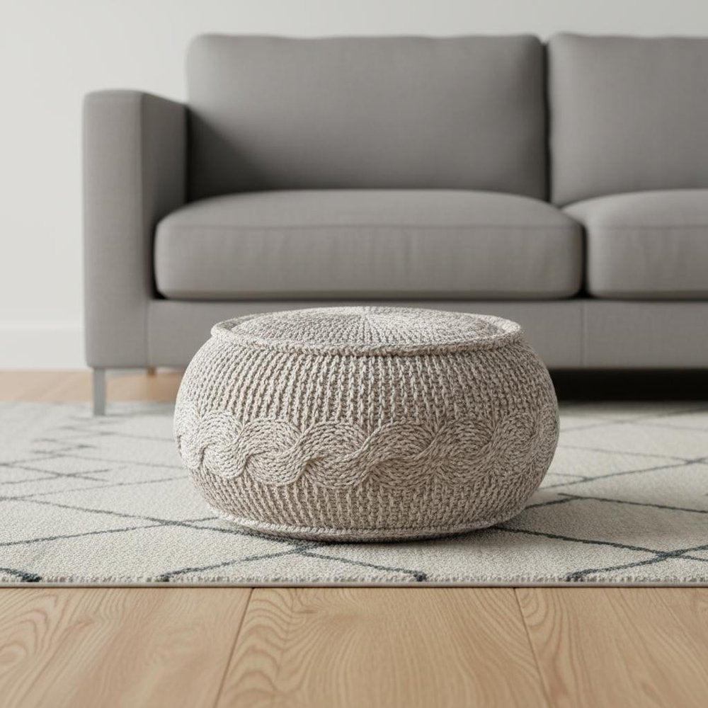 20" Beige Cotton Geometric Round Pouf Ottoman HomeRoots