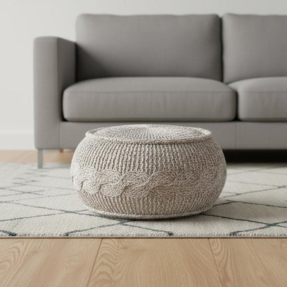 20" Beige Cotton Geometric Round Pouf Ottoman HomeRoots
