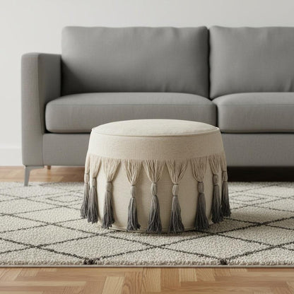 20" Beige Cotton Round Ombre Pouf Ottoman HomeRoots