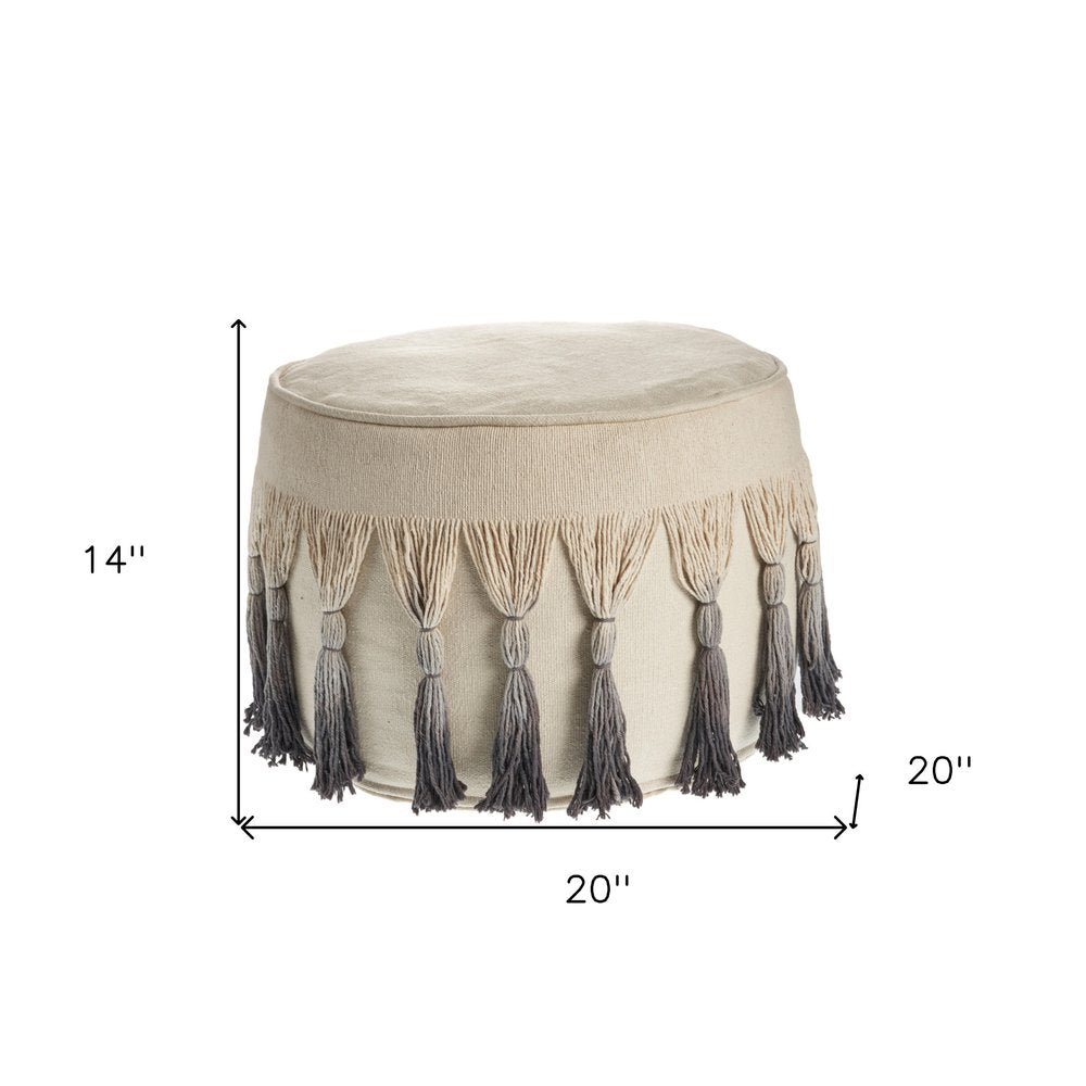 20" Beige Cotton Round Ombre Pouf Ottoman HomeRoots