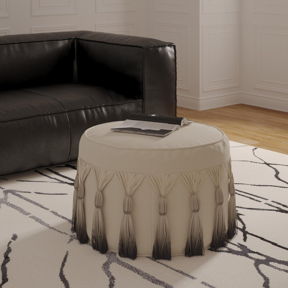 20" Beige Cotton Round Ombre Pouf Ottoman HomeRoots
