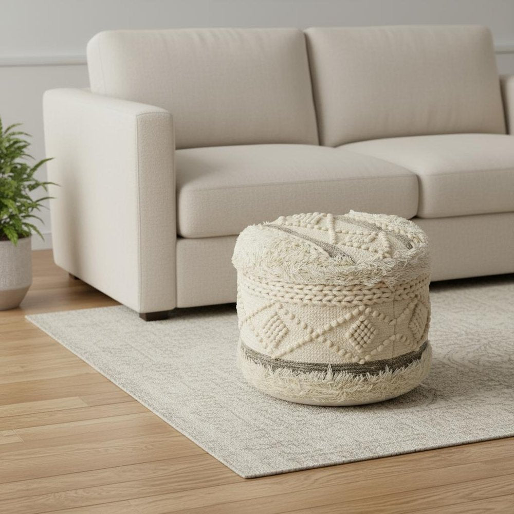 18" Cream Wool Cotton Blend Geometric Round Pouf Ottoman HomeRoots