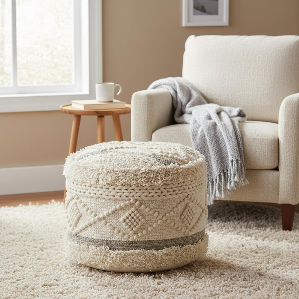 18" Cream Wool Cotton Blend Geometric Round Pouf Ottoman HomeRoots