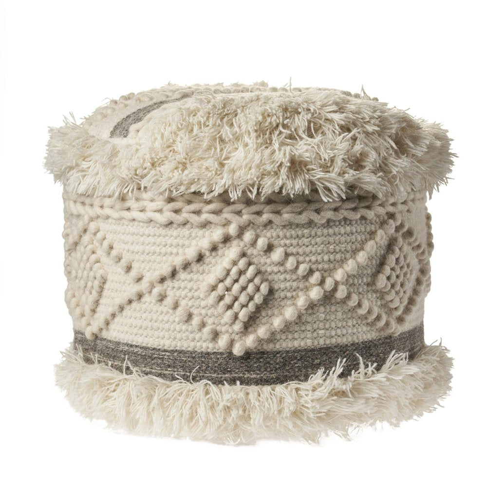 18" Cream Wool Cotton Blend Geometric Round Pouf Ottoman HomeRoots