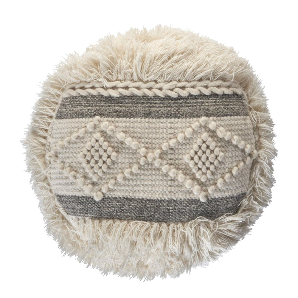 18" Cream Wool Cotton Blend Geometric Round Pouf Ottoman HomeRoots