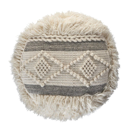 18" Cream Wool Cotton Blend Geometric Round Pouf Ottoman HomeRoots